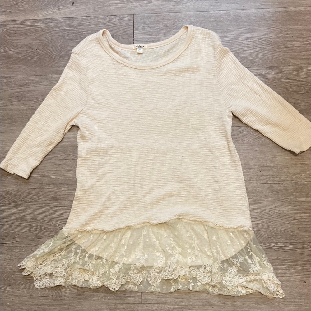Cream Lace Trim Blouse with Three-Quarter Sleeves